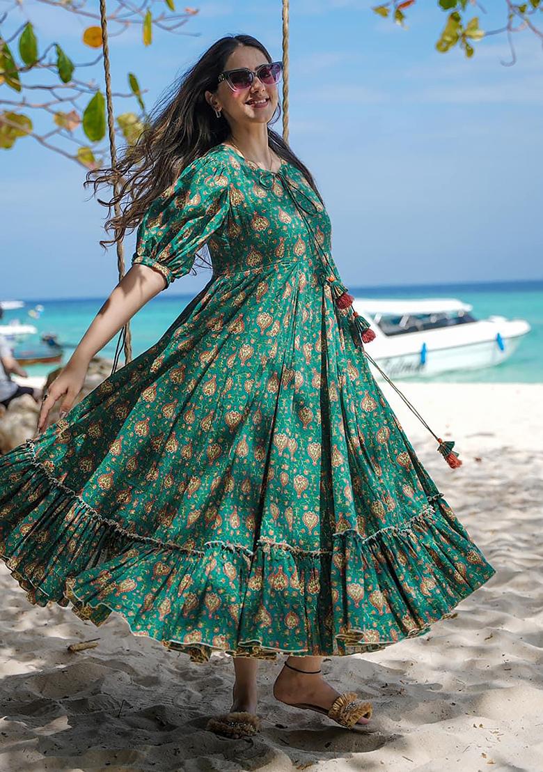 Green Digital Printed Rayon Anarkali Dress