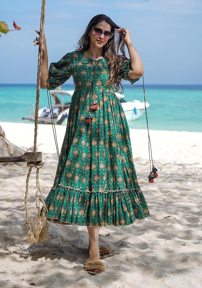 Green Digital Printed Rayon Anarkali Dress