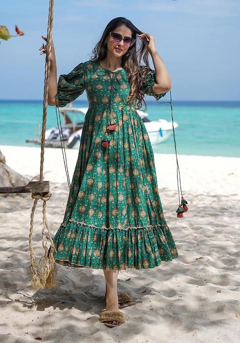 Green Digital Printed Rayon Anarkali Dress