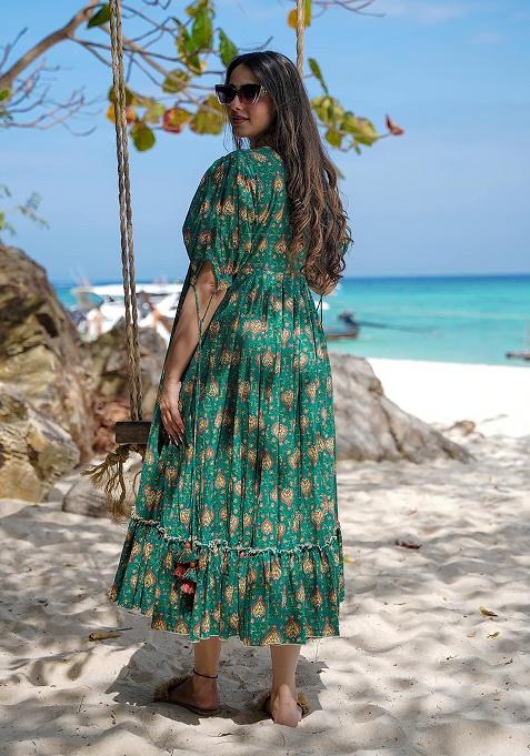 Green Digital Printed Rayon Anarkali Dress