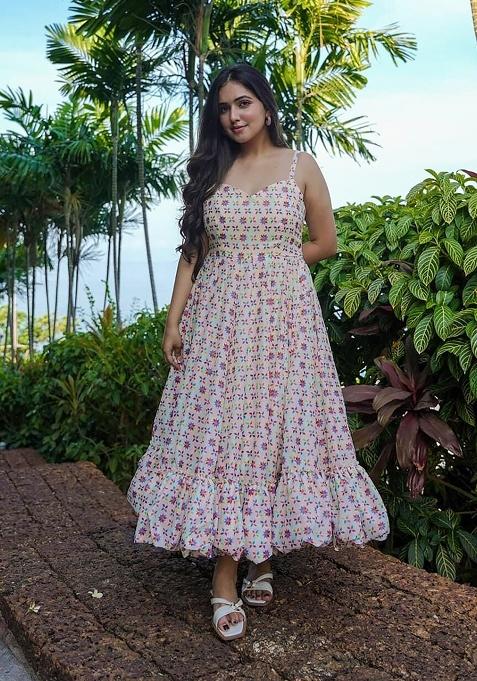 Cream Digital Printed Rayon Anarkali Dress