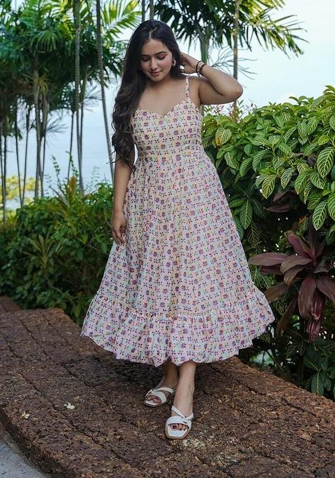 Cream Digital Printed Rayon Anarkali Dress