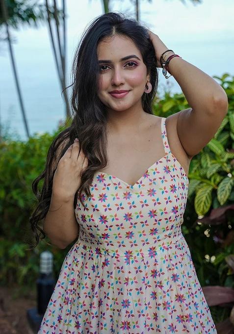 Cream Digital Printed Rayon Anarkali Dress