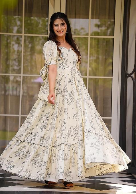 Cream Digital Printed Rayon Anarkali Dress