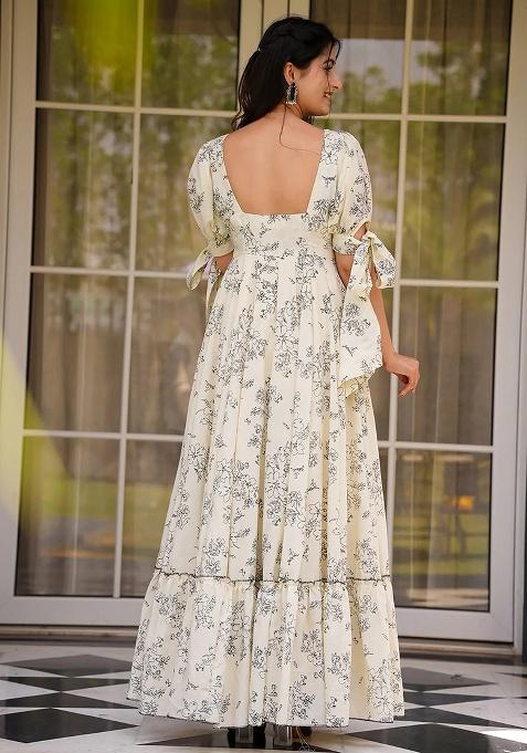 Cream Digital Printed Rayon Anarkali Dress