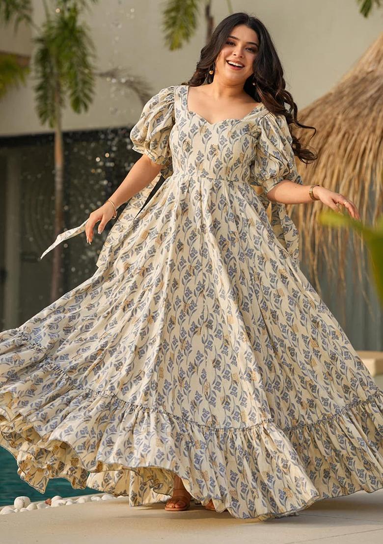 Beige Digital Printed Rayon Anarkali Dress