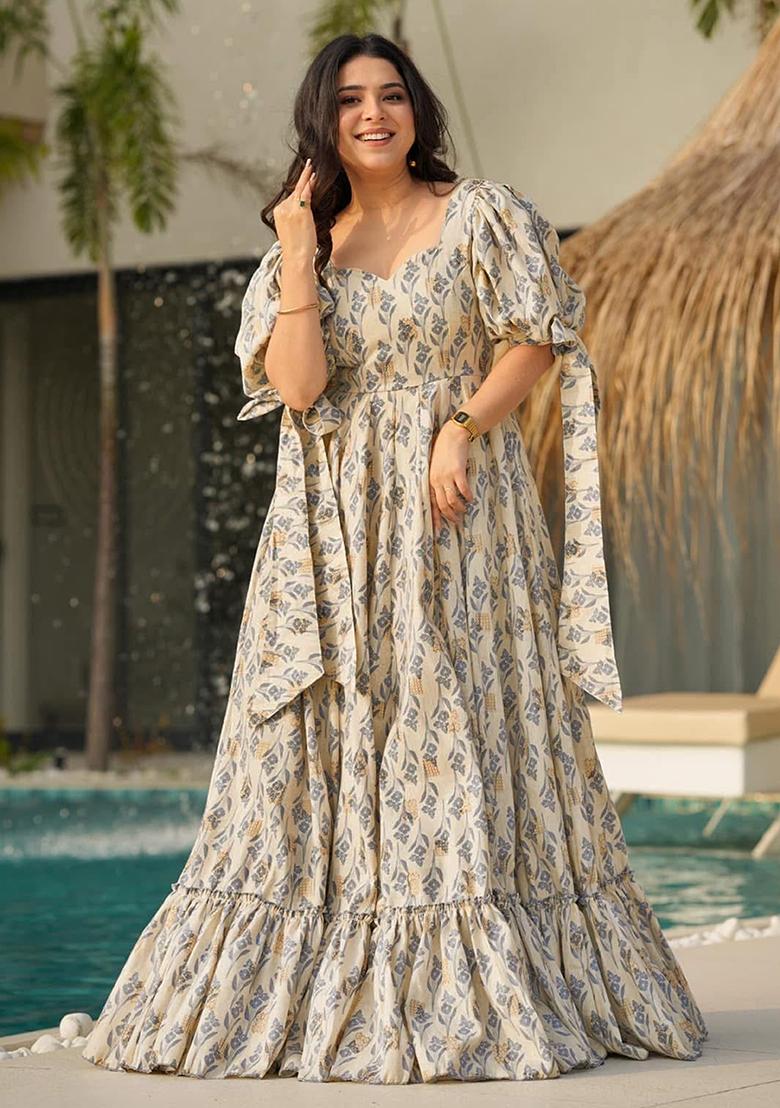 Beige Digital Printed Rayon Anarkali Dress