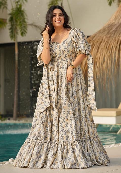 Beige Digital Printed Rayon Anarkali Dress