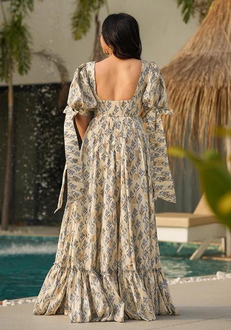 Beige Digital Printed Rayon Anarkali Dress