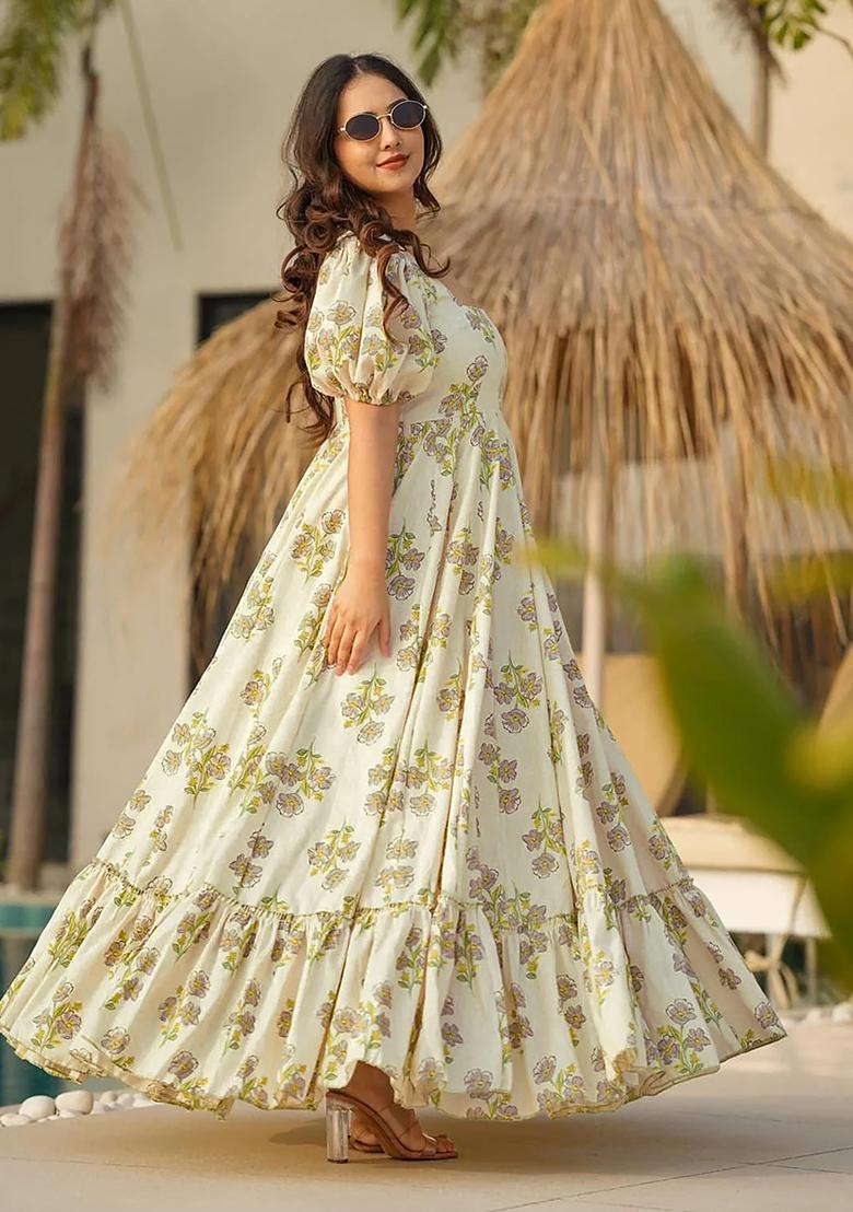 Off White Digital Printed Rayon Anarkali Dress