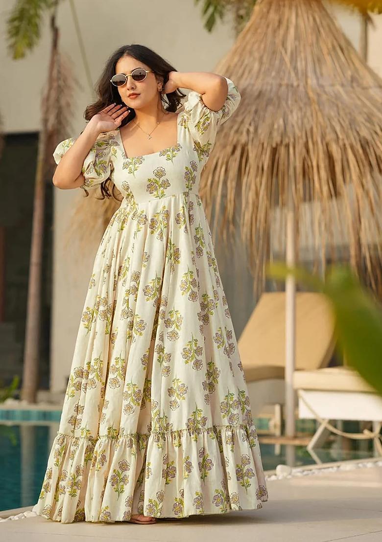 Off White Digital Printed Rayon Anarkali Dress