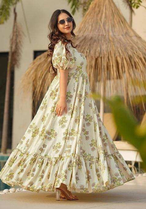 Off White Digital Printed Rayon Anarkali Dress