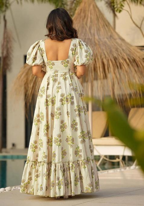 Off White Digital Printed Rayon Anarkali Dress