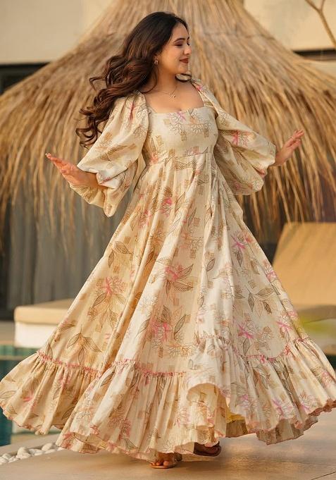 Off White Digital Printed Rayon Anarkali Dress