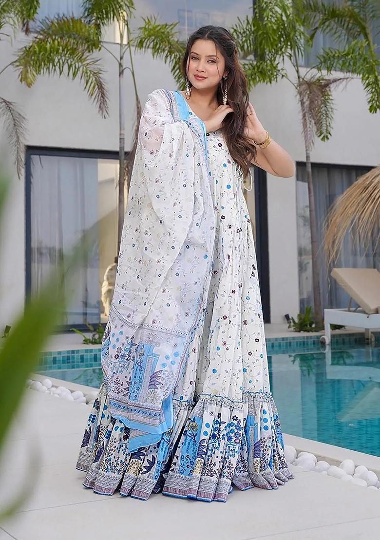 White Digital Printed Rayon Anarkali Dress