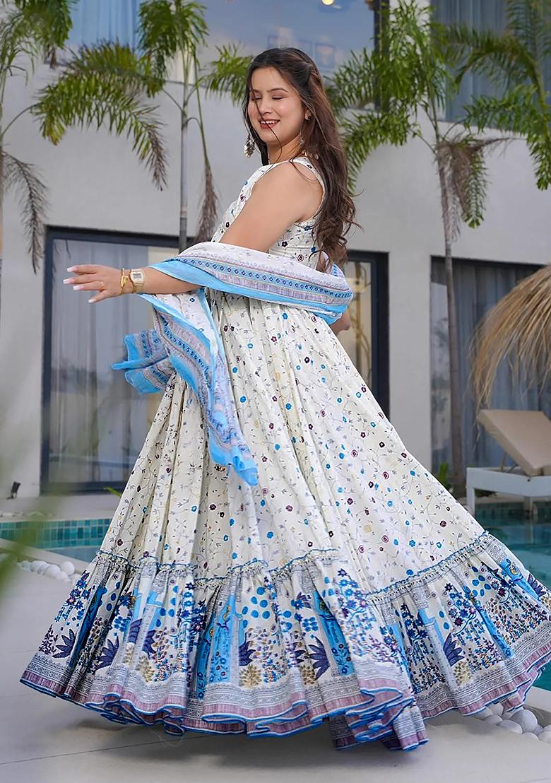 White Digital Printed Rayon Anarkali Dress