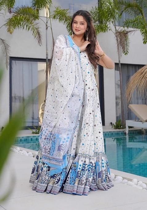 White Digital Printed Rayon Anarkali Dress