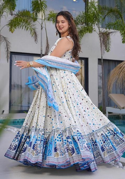 White Digital Printed Rayon Anarkali Dress
