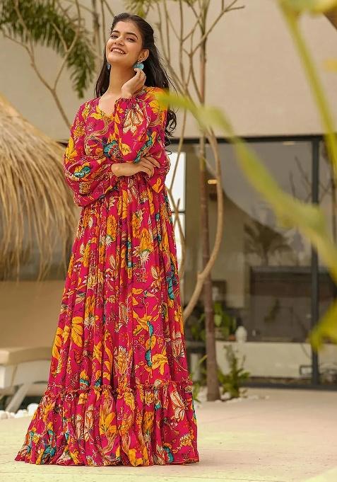 Red Digital Printed Chinon Anarkali Dress With Dupatta