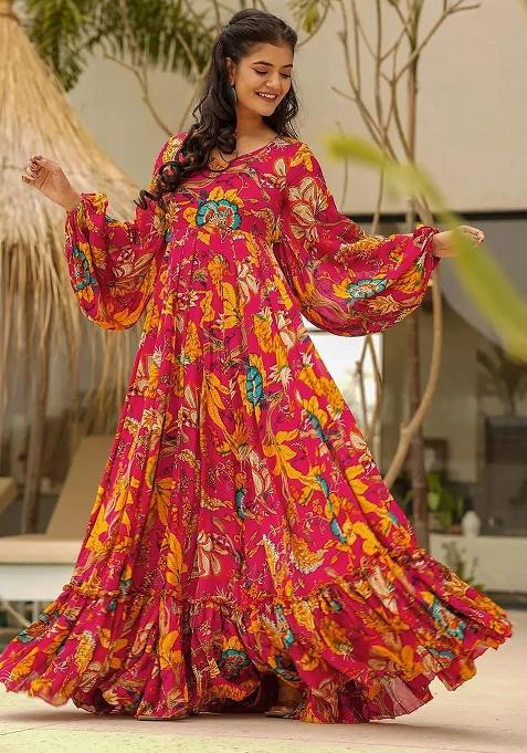 Red Digital Printed Chinon Anarkali Dress With Dupatta