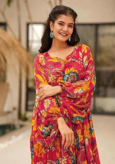 Red Digital Printed Chinon Anarkali Dress With Dupatta