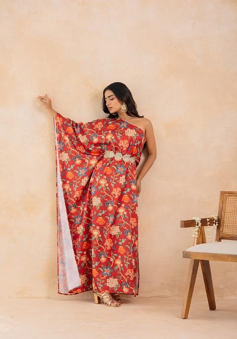 Red Embellished Satin Kaftan