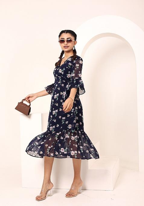 Blue Printed Georgette Dress