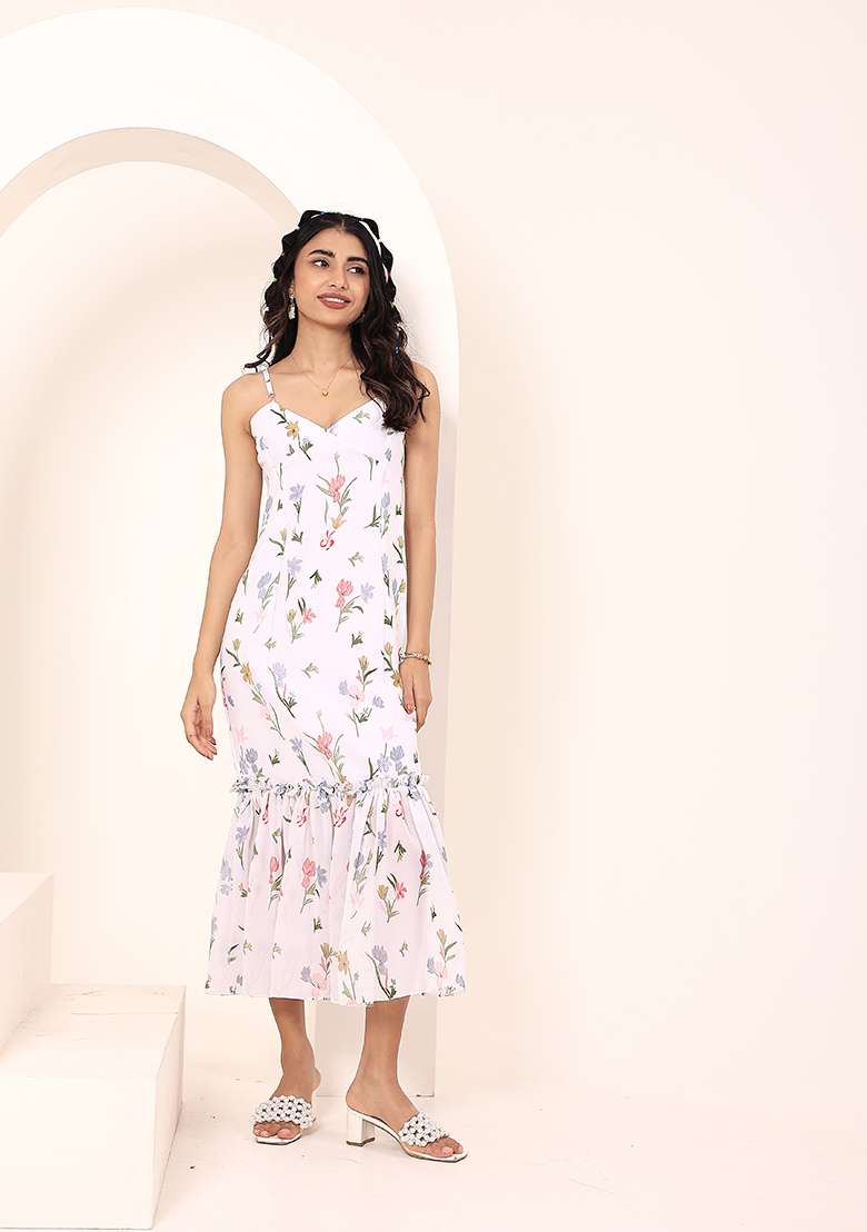 White Printed Georgette Dress - Indya