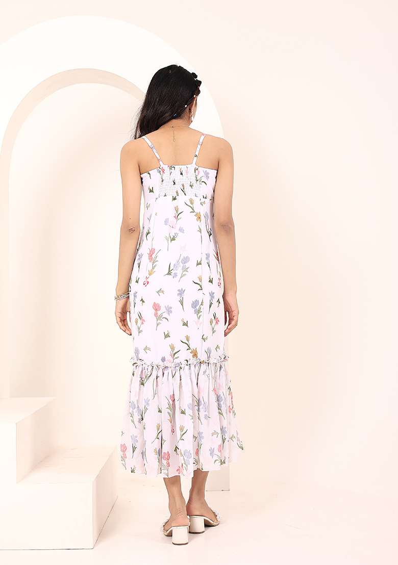 White Printed Georgette Dress - Indya