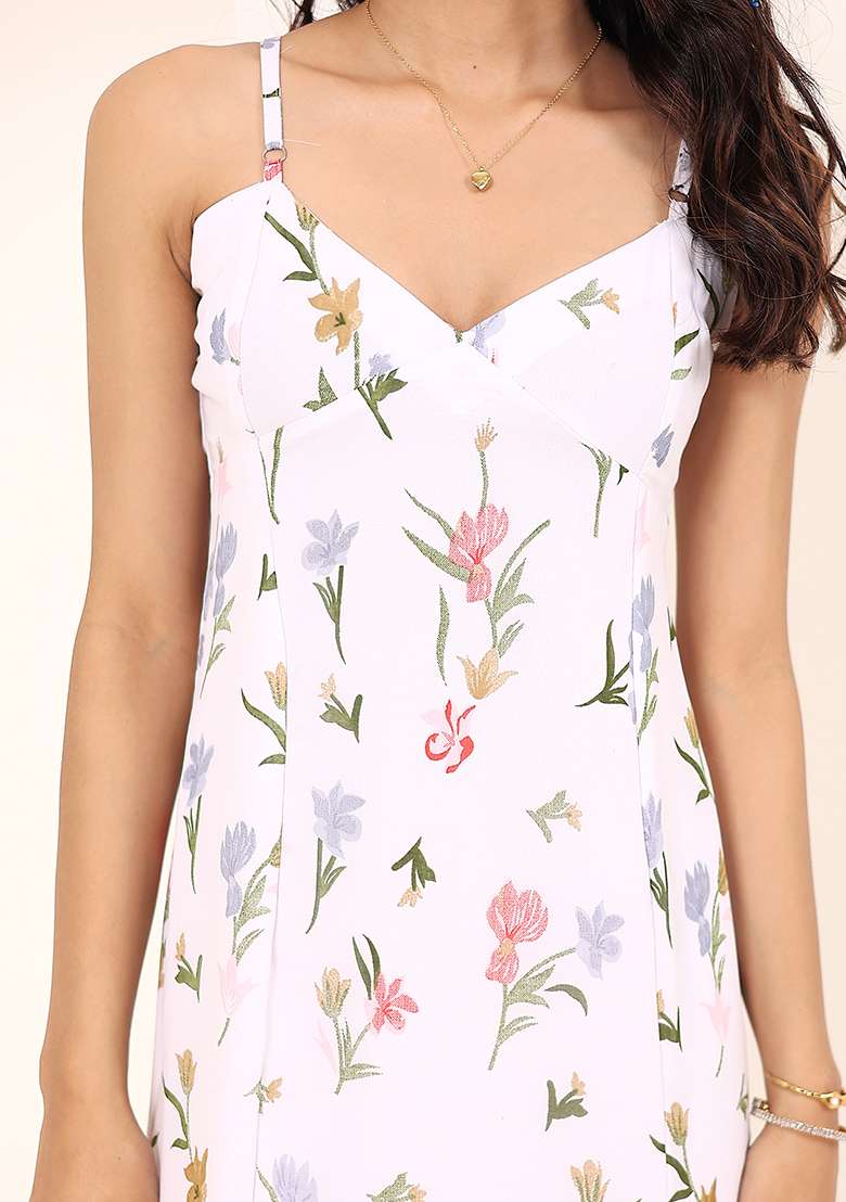 White Printed Georgette Dress - Indya