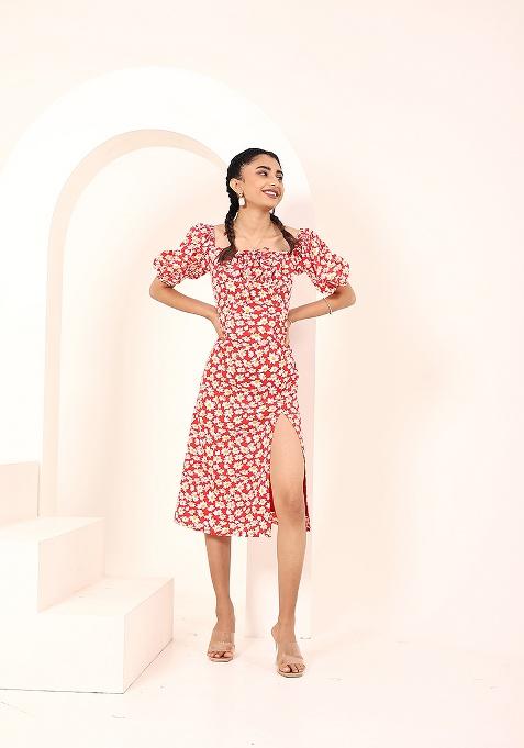 Red Printed Crepe Dress