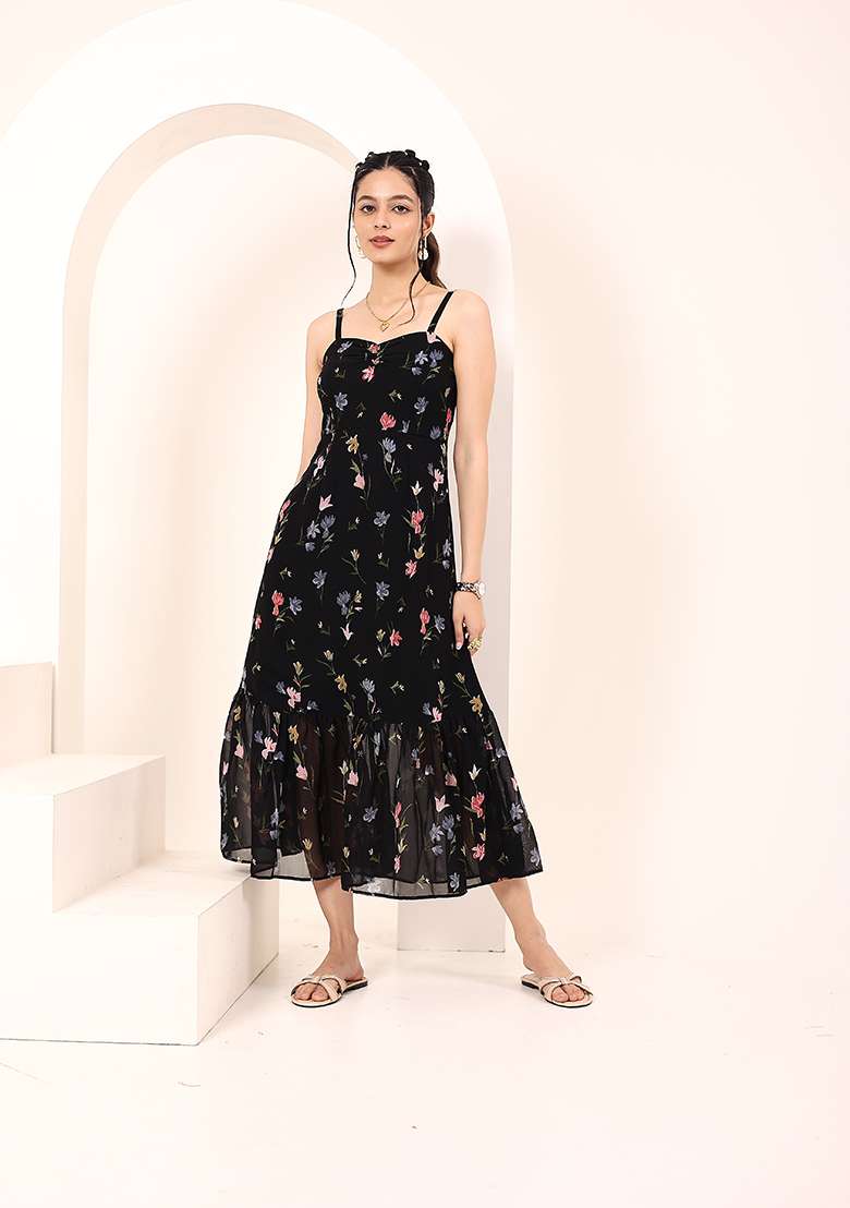 Black Printed Georgette Dress - Indya