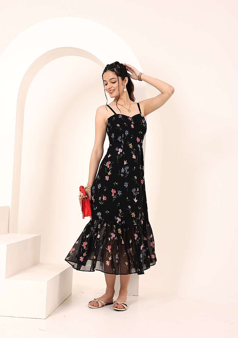 Black Printed Georgette Dress - Indya
