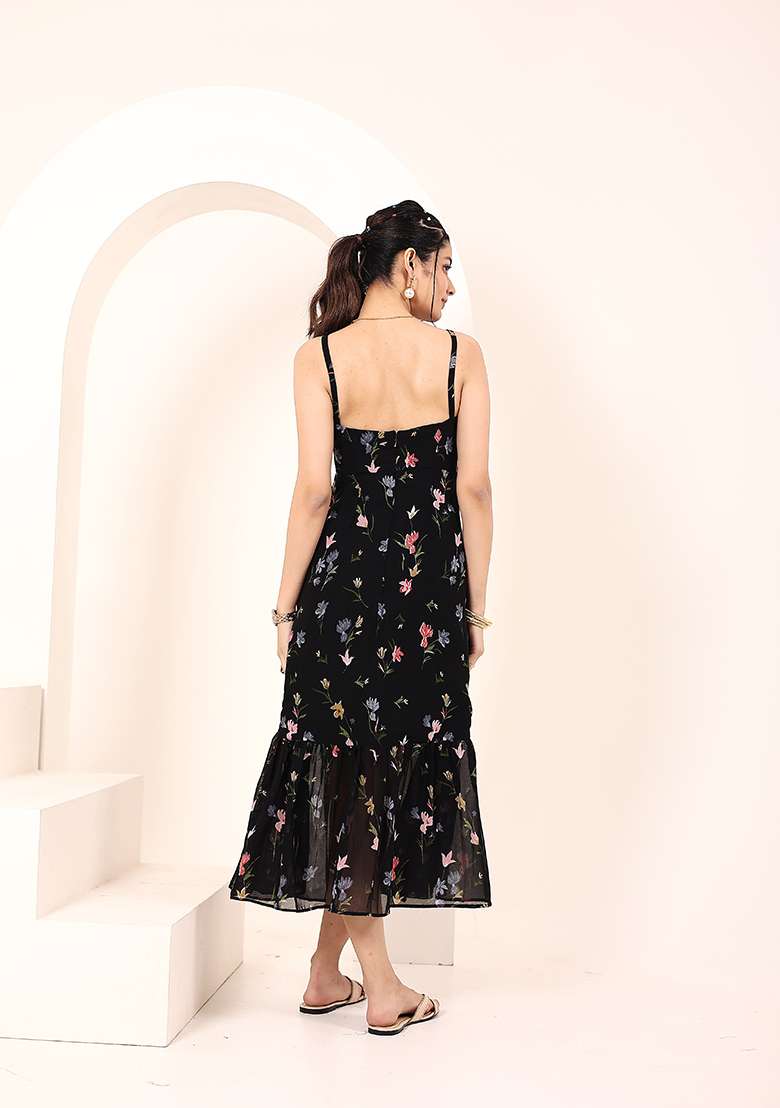 Black Printed Georgette Dress - Indya