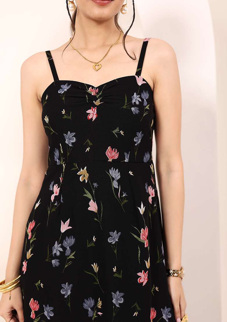 Black Printed Georgette Dress - Indya