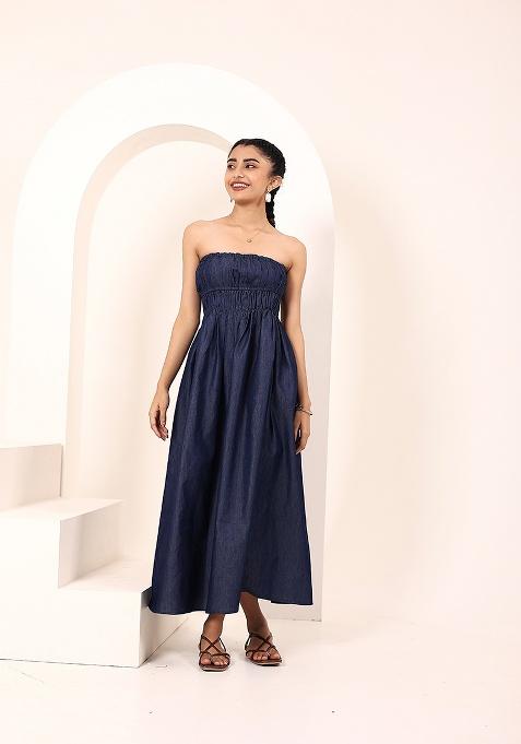 Blue Solid Cotton Dress