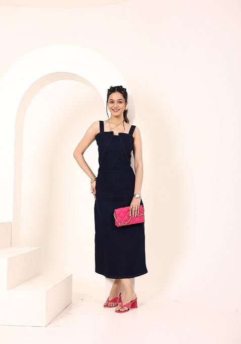 Blue Solid Cotton Dress