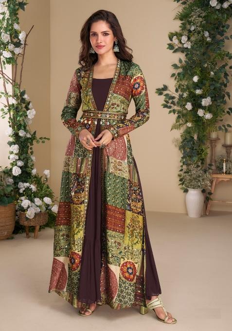 Brown Embroidery Georgette Gown With Shrug