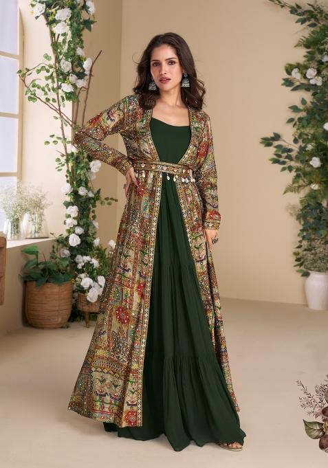 Green Embroidery Georgette Gown With Shrug