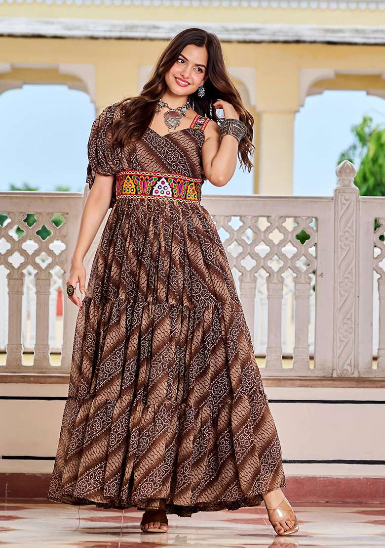 Brown Printed Georgette Gown - Indya