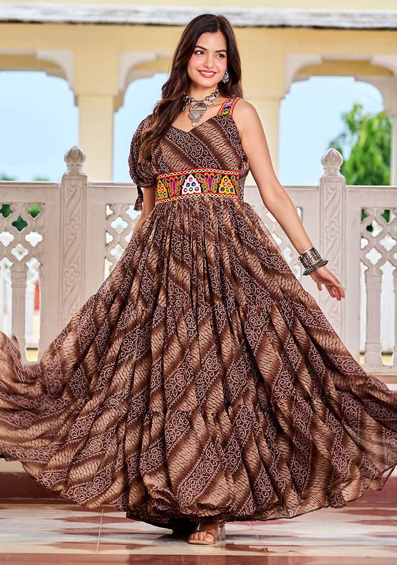 Brown Printed Georgette Gown - Indya