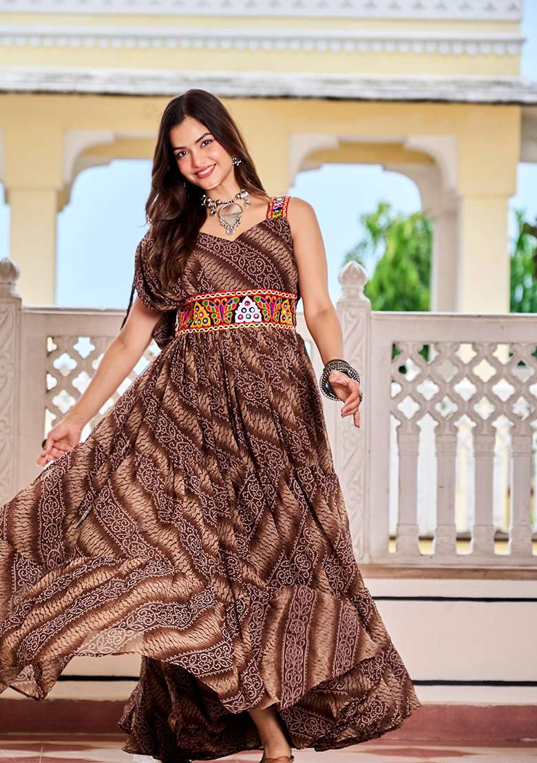 Brown Printed Georgette Gown - Indya