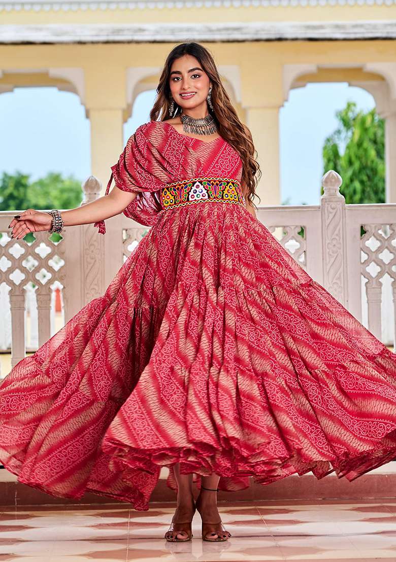 Red Bandhani Georgette Anarkali - Indya