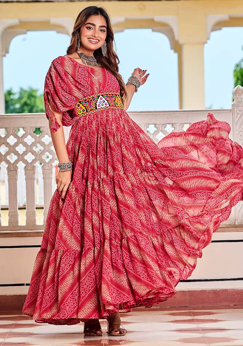 Red Bandhani Georgette Anarkali - Indya