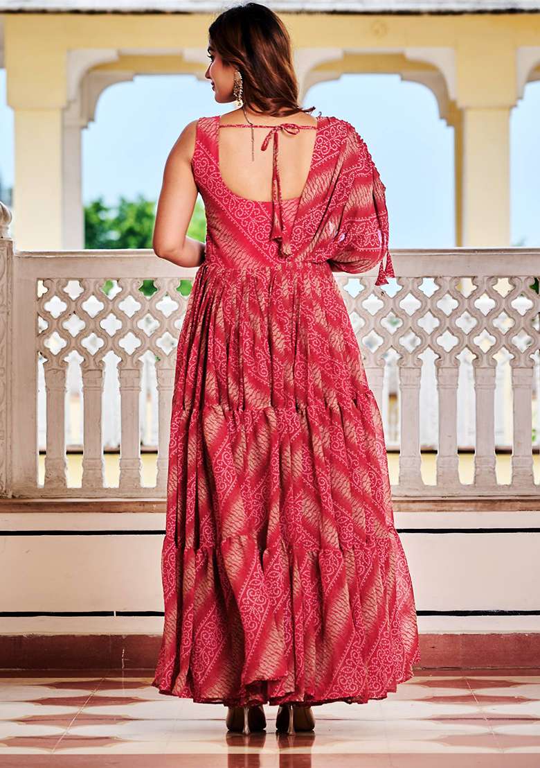 Red Bandhani Georgette Anarkali - Indya