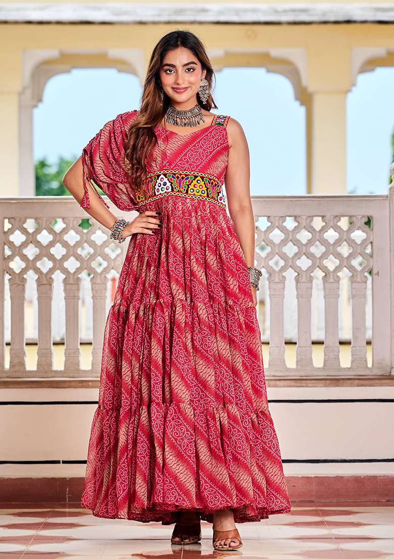 Red Bandhani Georgette Anarkali - Indya