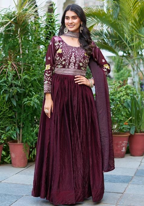 Wine Embroidery Silk Gown