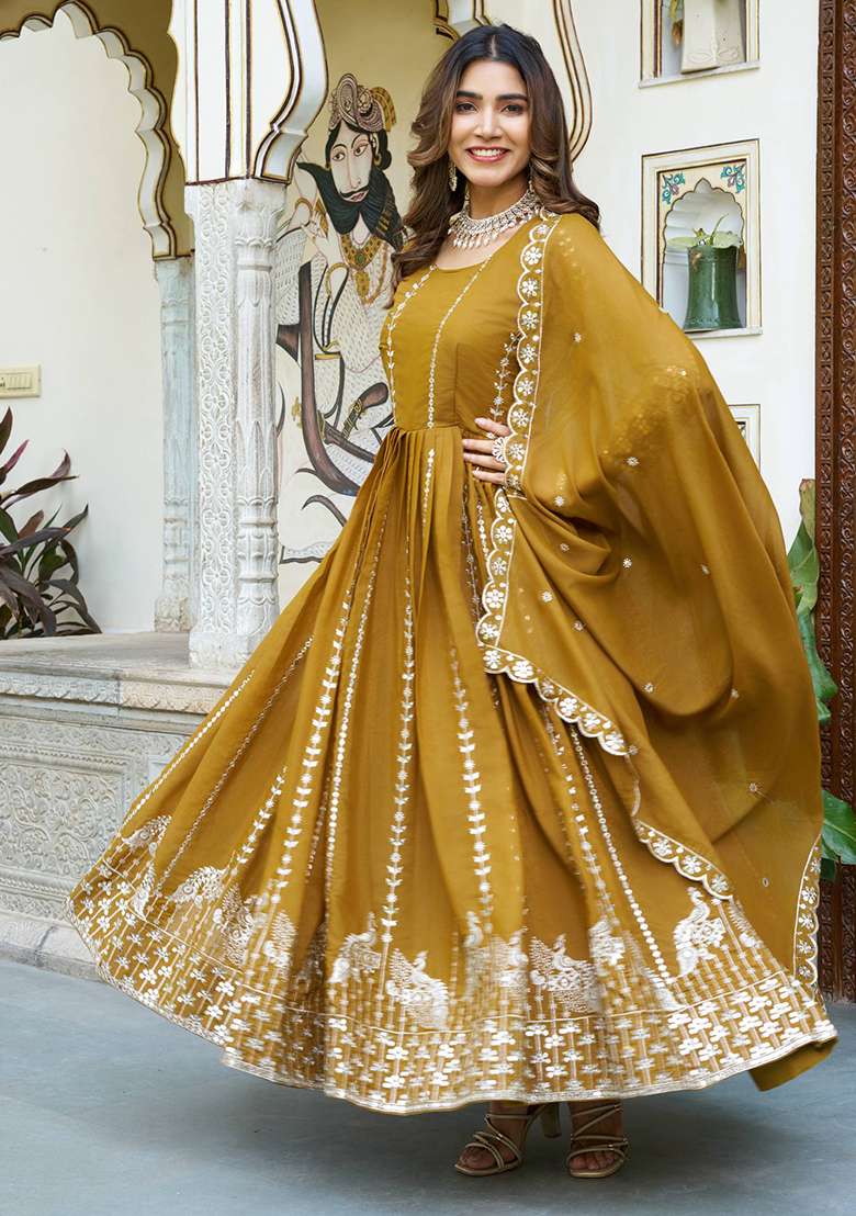 Mustard Embroidered Georgette Anarkali Set - Indya