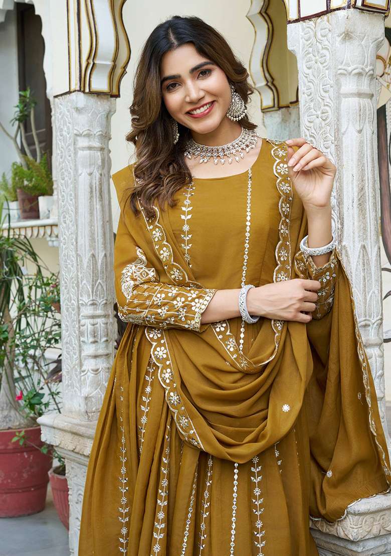 Mustard Embroidered Georgette Anarkali Set - Indya