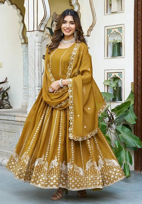 Mustard Embroidery Georgette Gown
